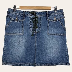 Route 66 Vintage Y2K Lace Up Stretch Denim Above The Knee Low Rise Mini Skirt 14